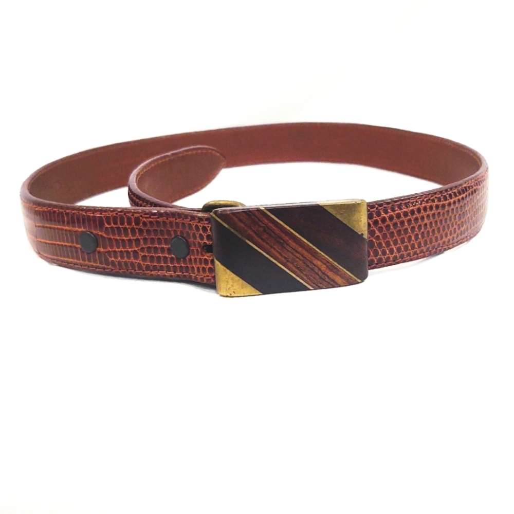 Vintage Mid-Century Modern Brown Lizard Belt with Wood & Bronze Inlay Buckle